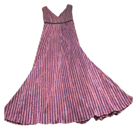 BCBG Metallic Rainbow Pleated Maxi Dress Deep V Neck Evening Gown Y2K Disco Glam - Picture 1 of 9